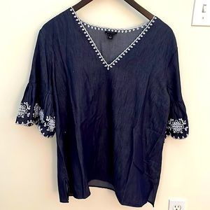 Denim Blouse. Never worn. Statement Sleeve